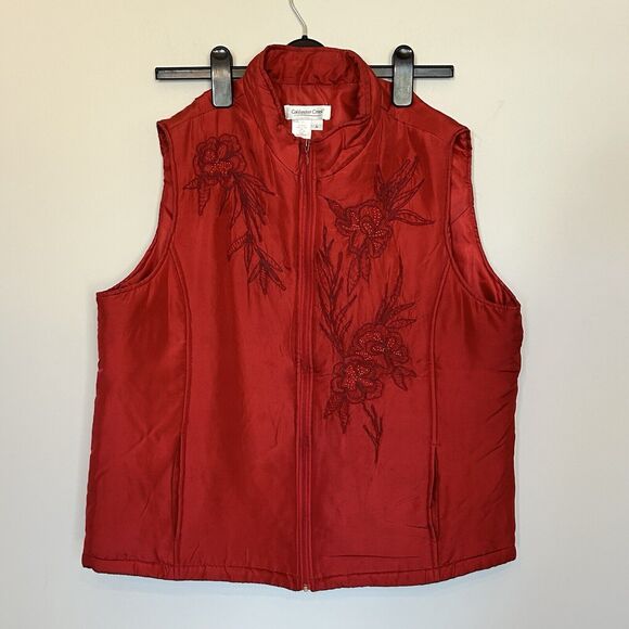 Coldwater Creek 100% Silk‎ Vest Womens Large Full Zip Embroidered Winter Holiday - Picture 1 of 11